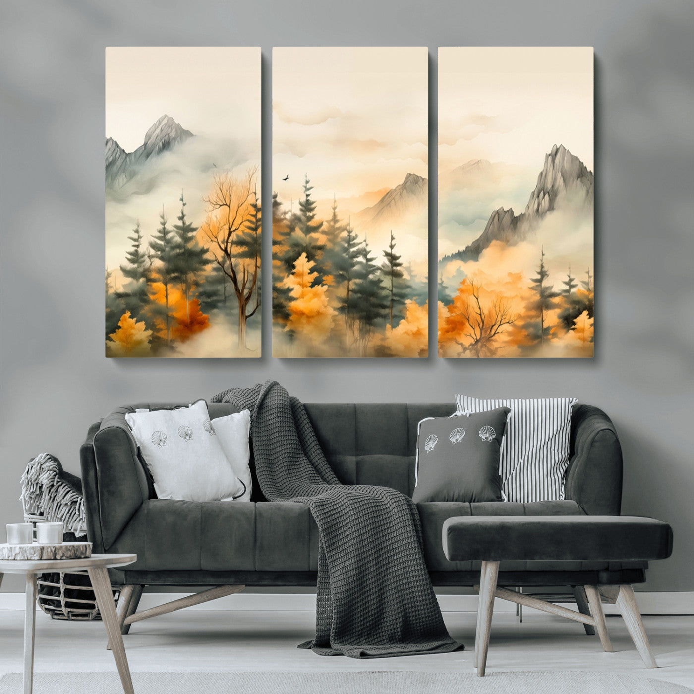 Abstract Watercolor Mountains and Trees Autumn Art,