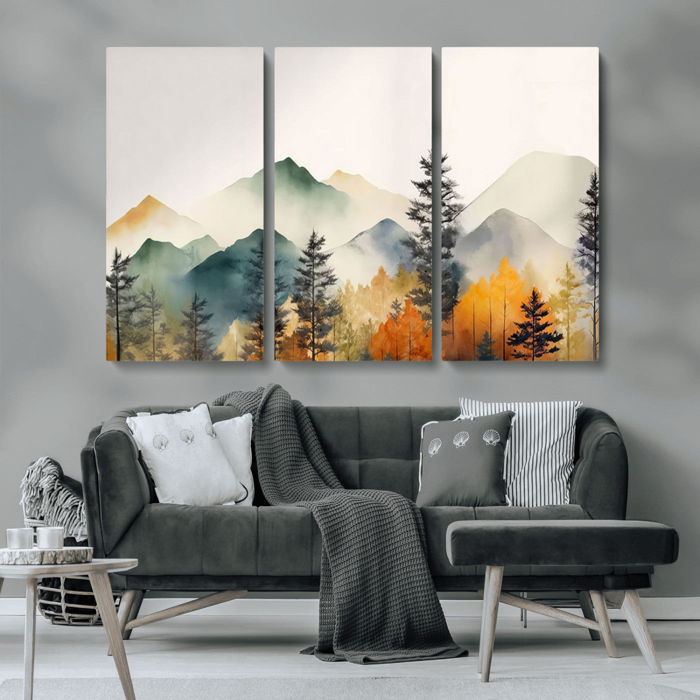 Abstract Watercolor Mountains and Trees Autumn Wall Art,