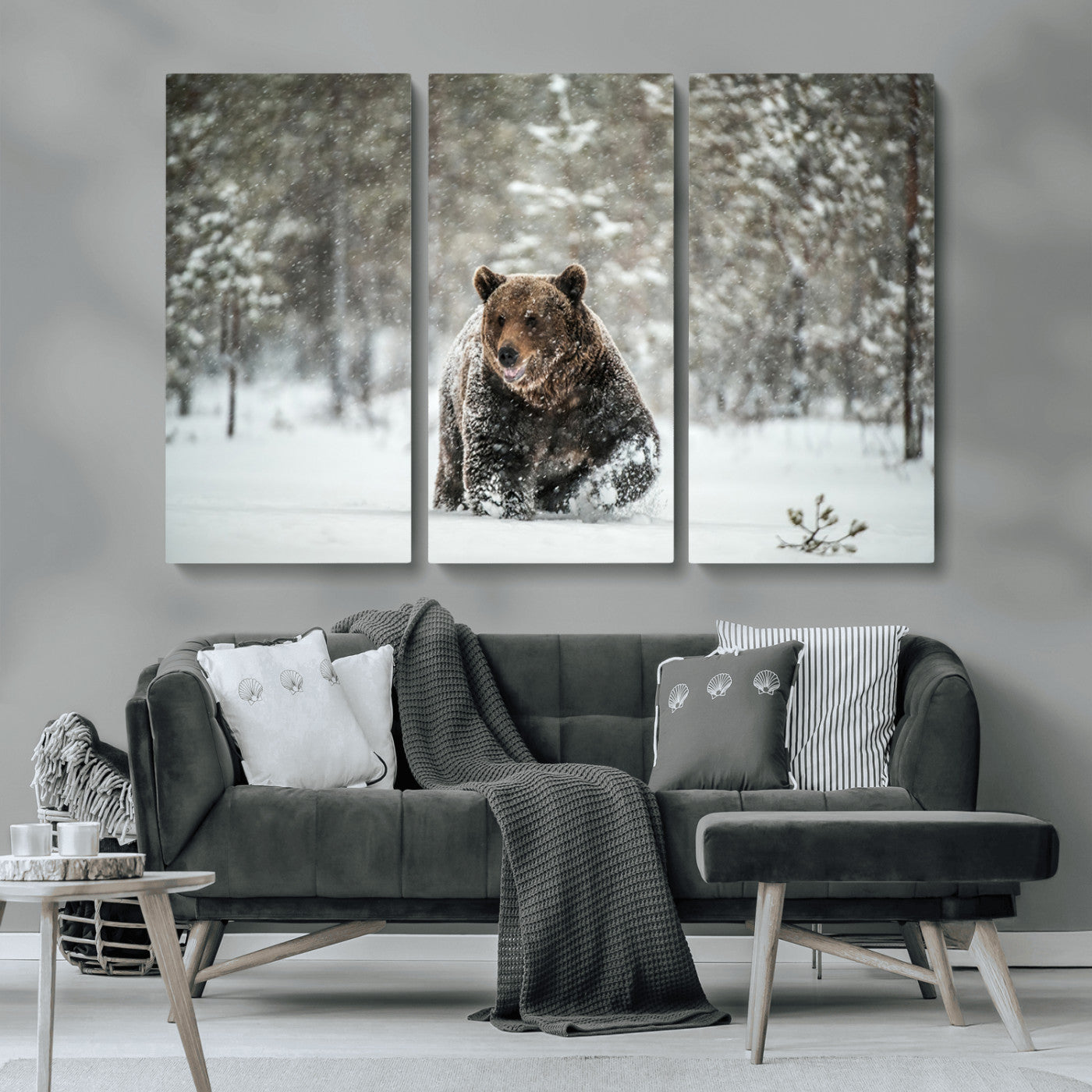 Grizzly Bear Wall Art – Framed Snowy Forest Canvas Artwork,