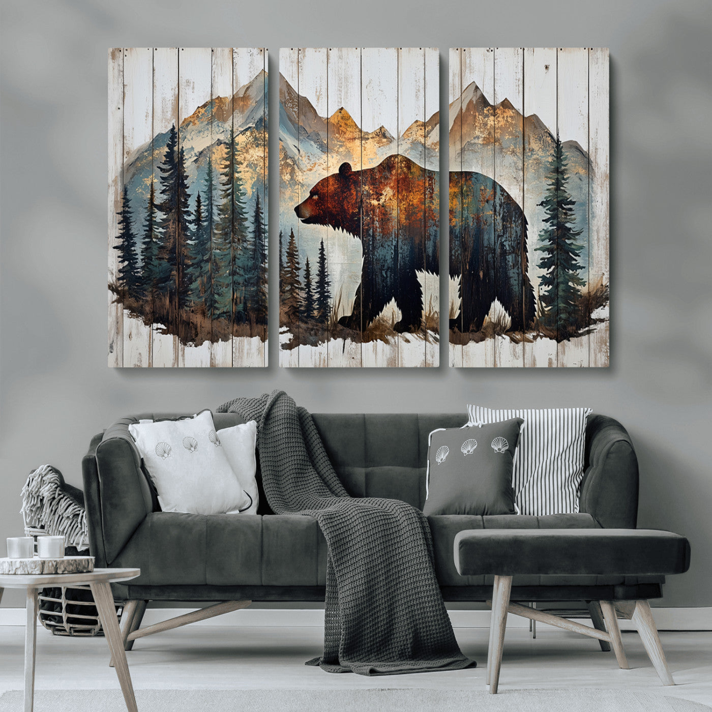 Rustic Grizzly 399 Bear and Mountain Wood Canvas Wall Art -