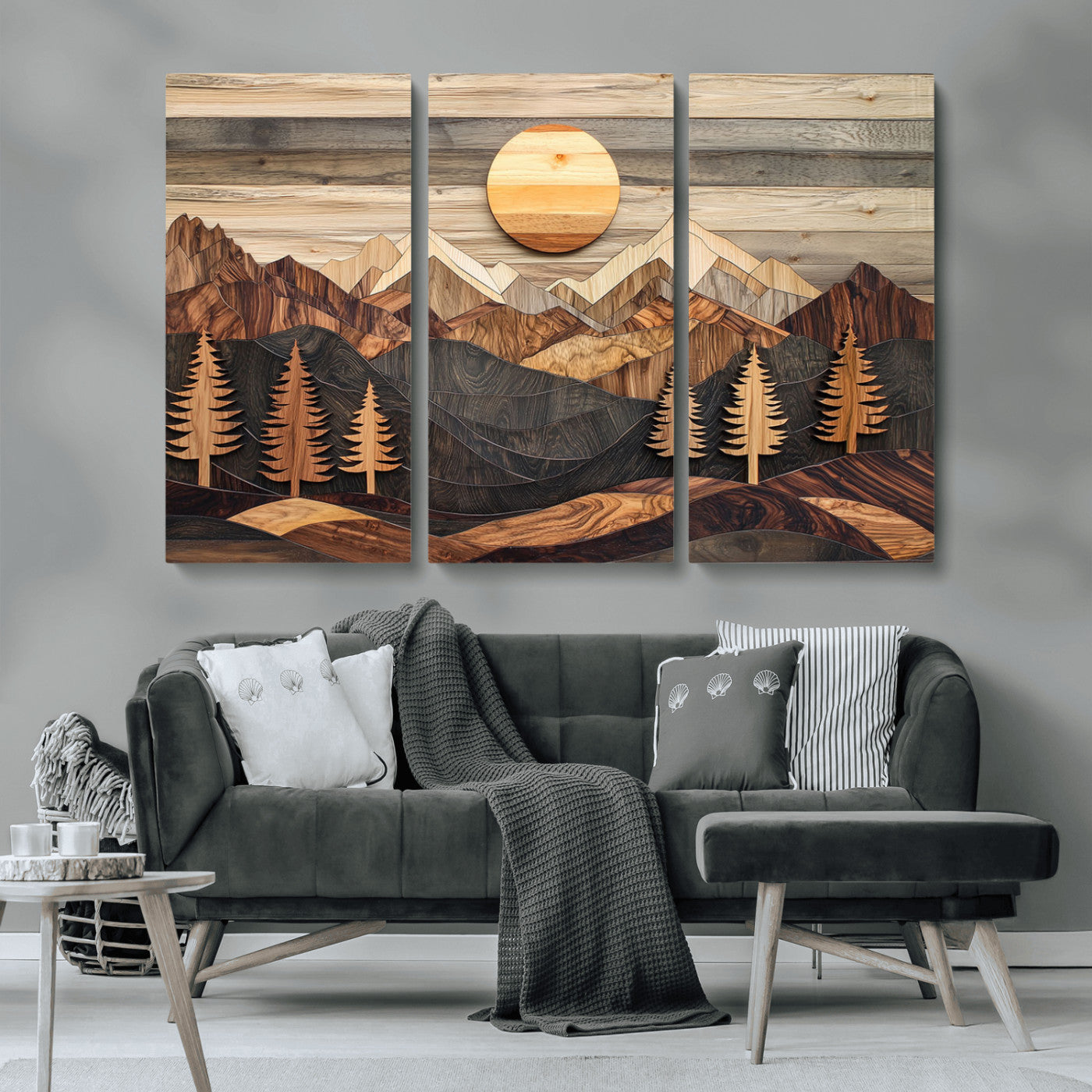 Wooden Mountain Layers Art – Rustic Pine Tree Landscape