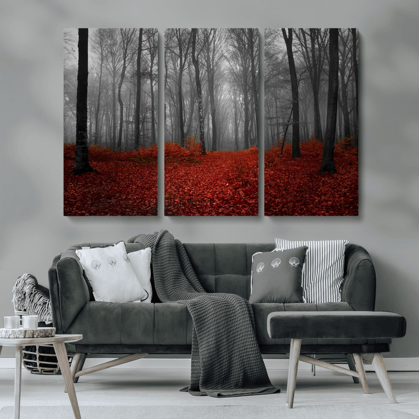 Red Forest Floor Canvas Wall Art – Mystical Foggy Woodland