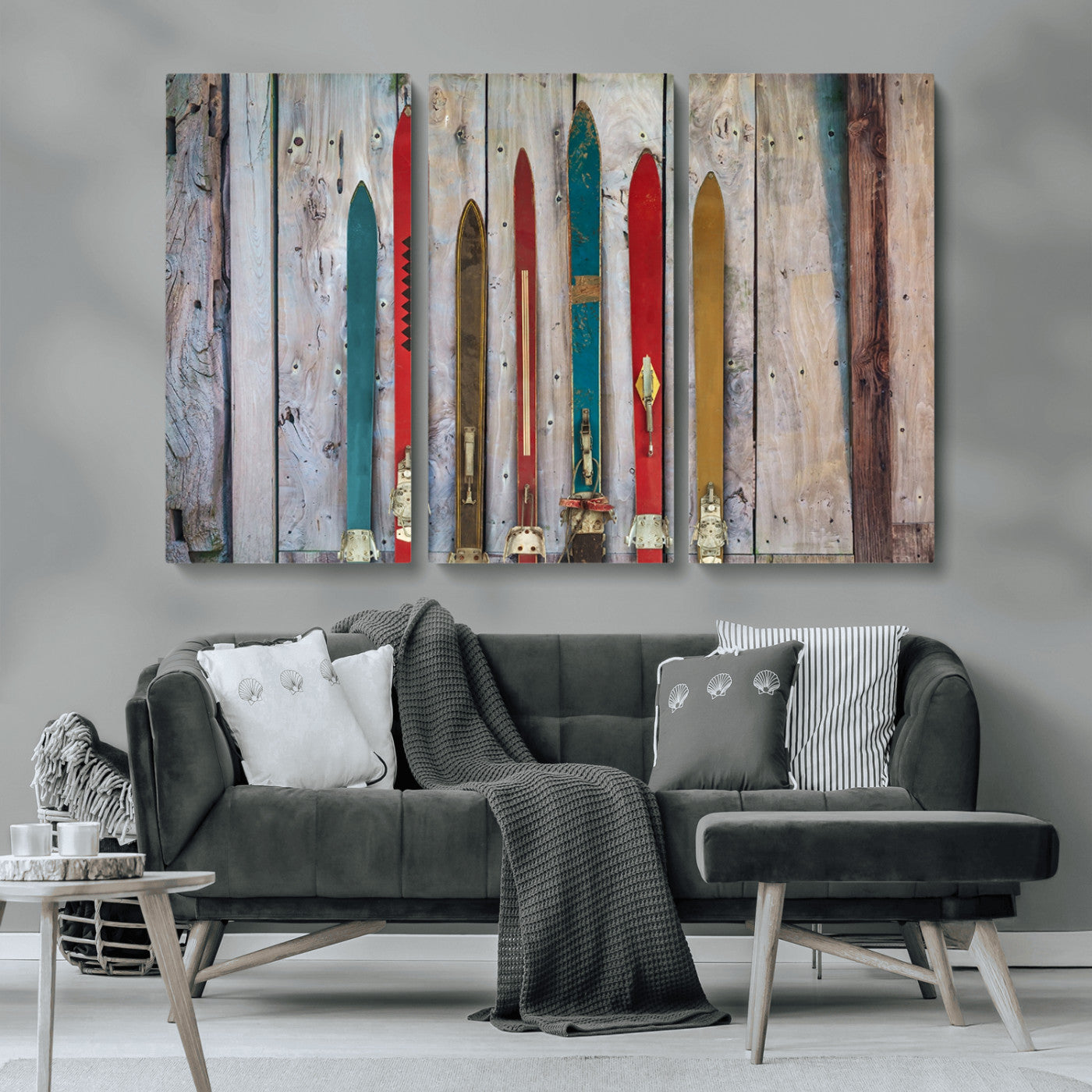 Vintage Wooden Weathered Ski's in Front of an Old Barn Wall