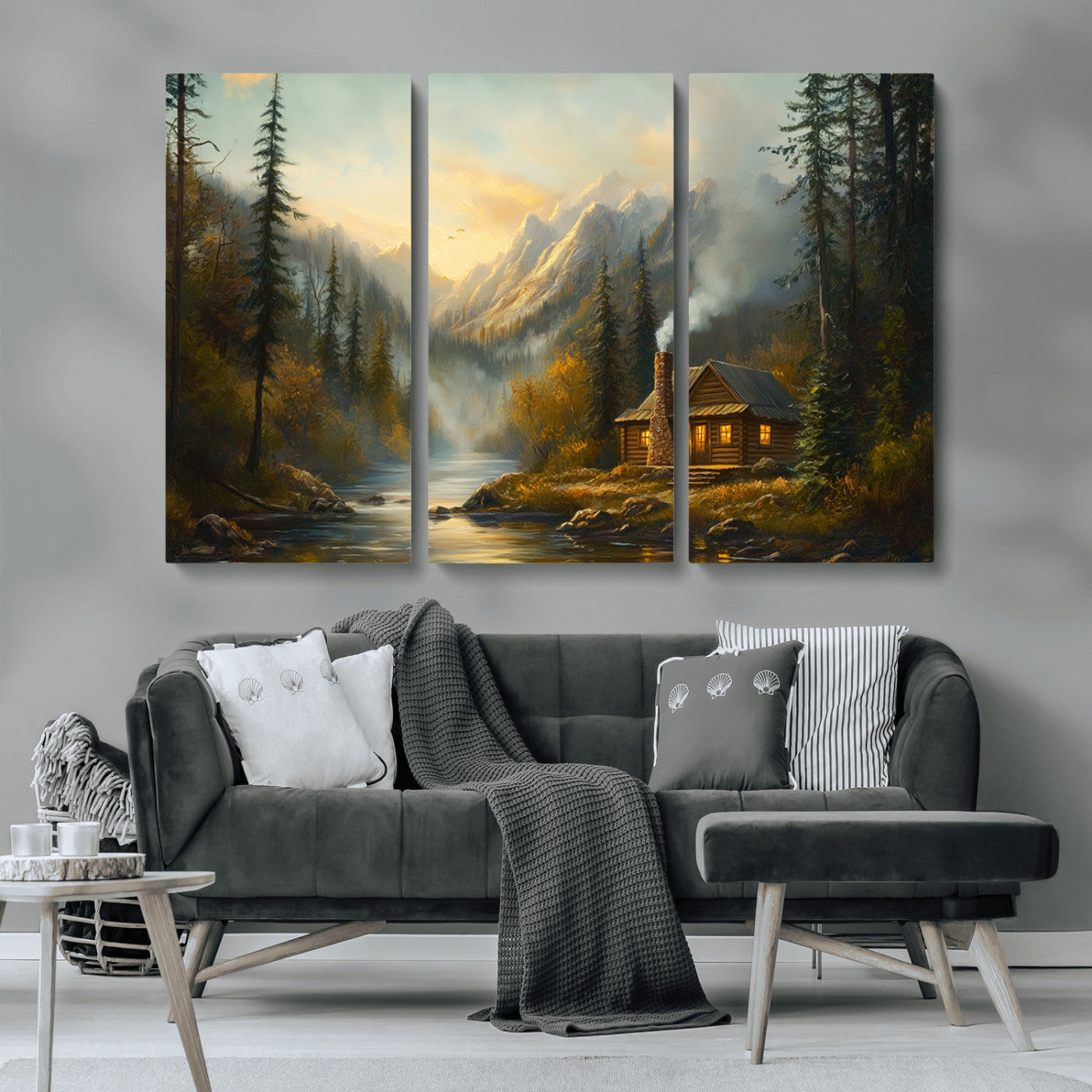Wood Cabin Retreat Mountain at Sunset Wall Art Print -