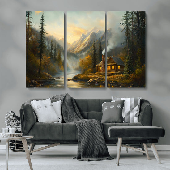 Wood Cabin Retreat Mountain at Sunset Wall Art Print -
