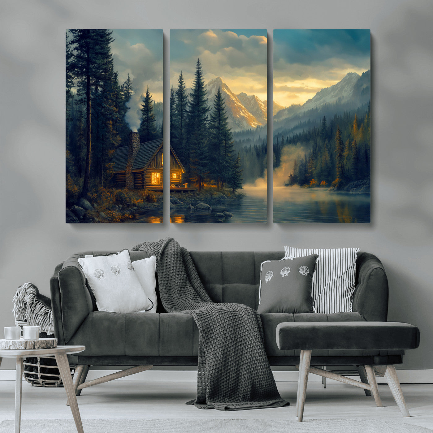 Mountain Cabin by the Lake at Sunset Wall Art - Serene