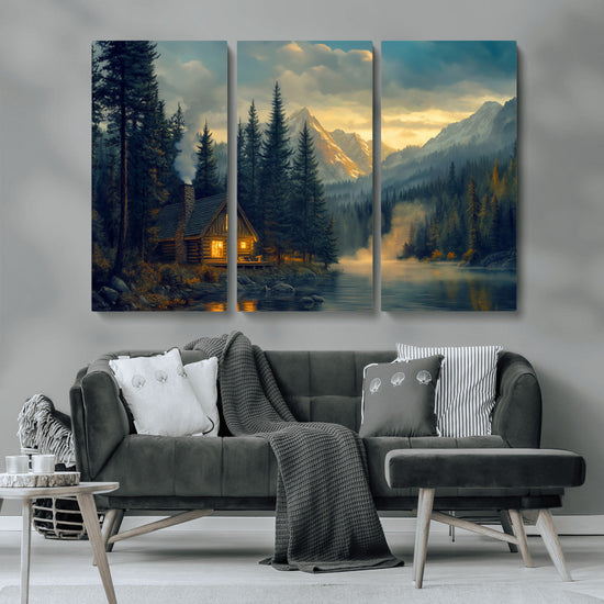 Mountain Cabin by the Lake at Sunset Wall Art - Serene