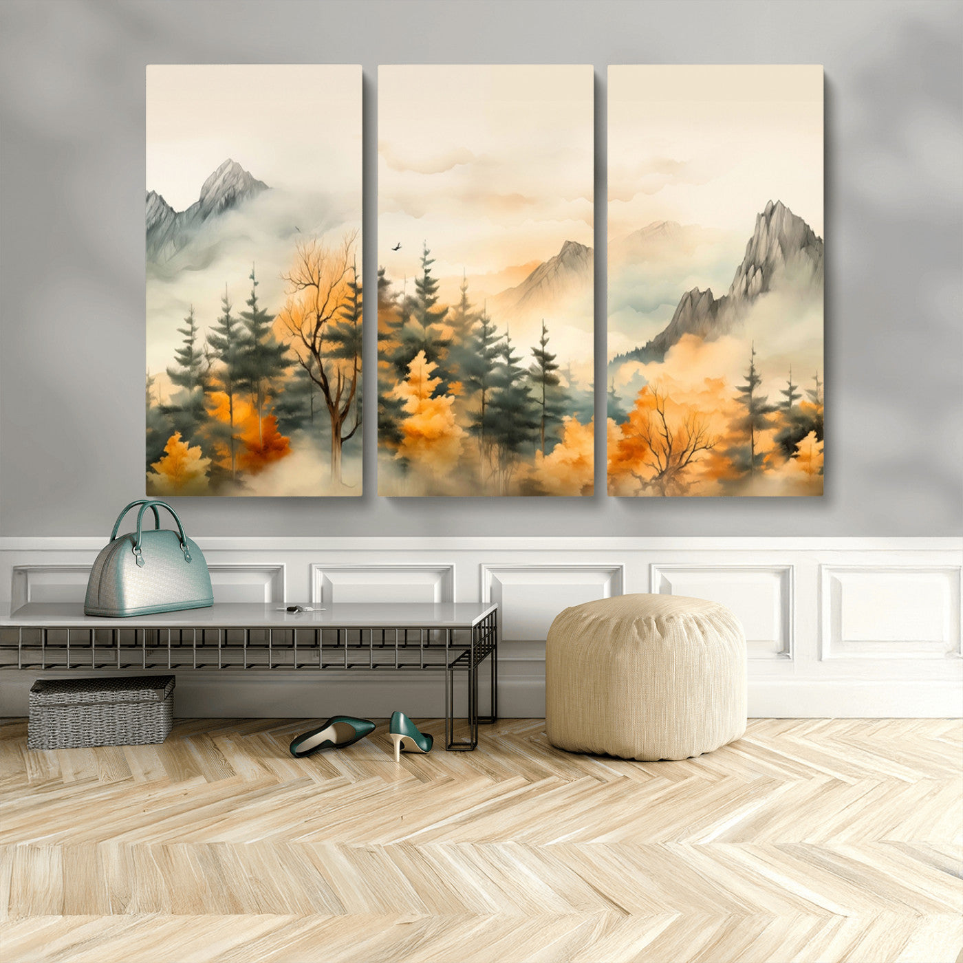 Abstract Watercolor Mountains and Trees Autumn Art,