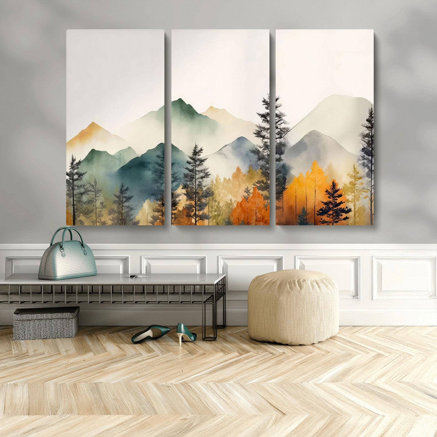 Abstract Watercolor Mountains and Trees Autumn Wall Art,