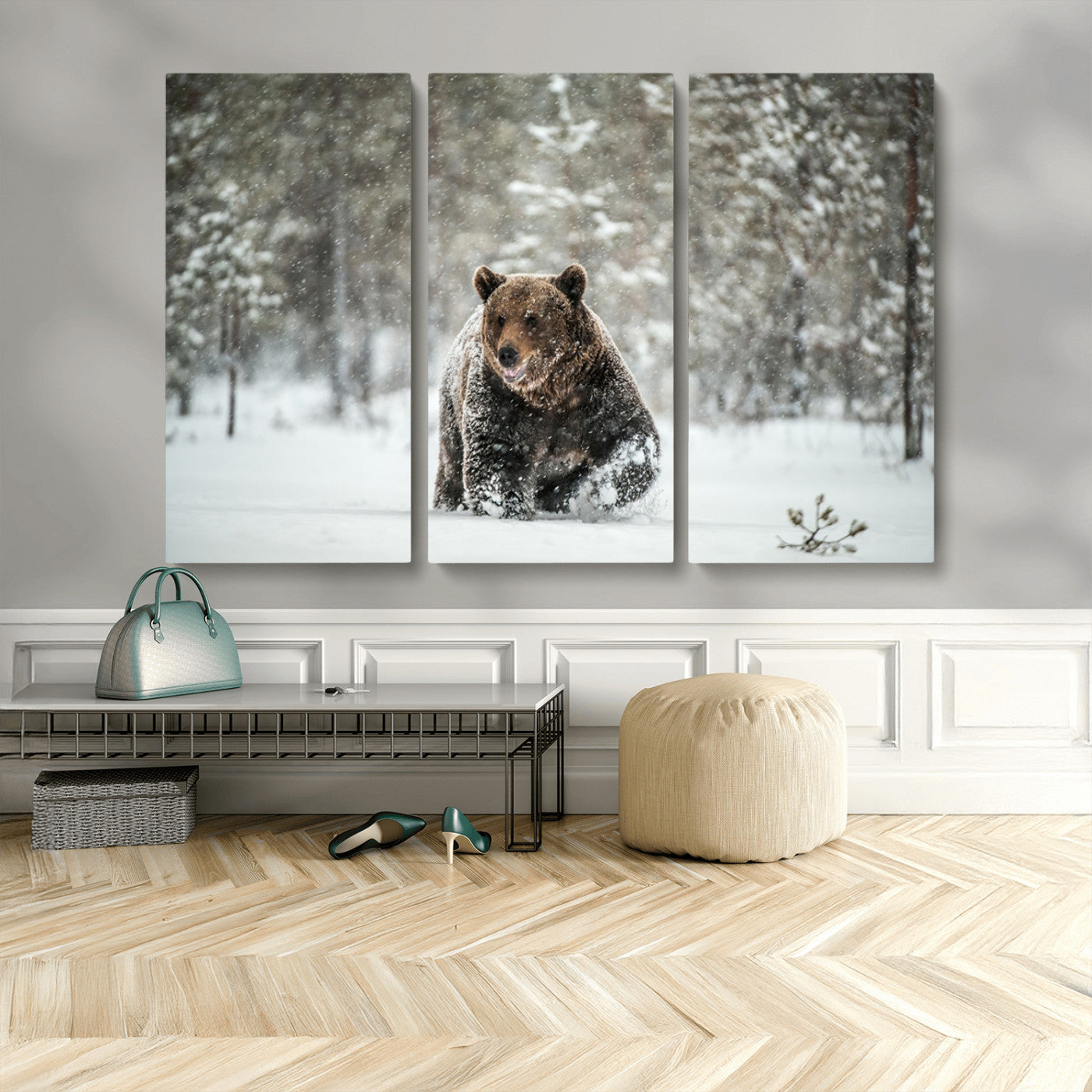 Grizzly Bear Wall Art – Framed Snowy Forest Canvas Artwork,