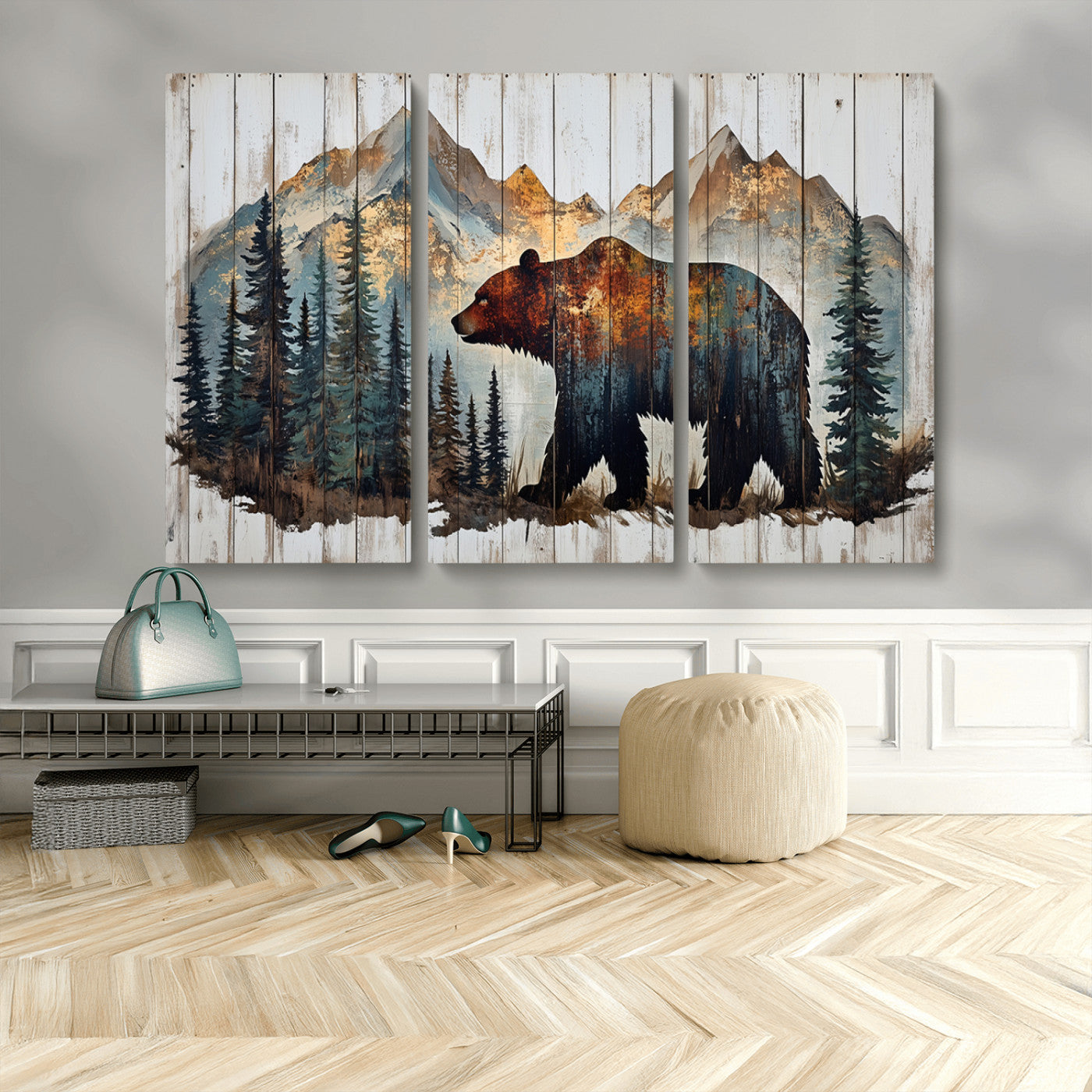 Rustic Grizzly 399 Bear and Mountain Wood Canvas Wall Art -