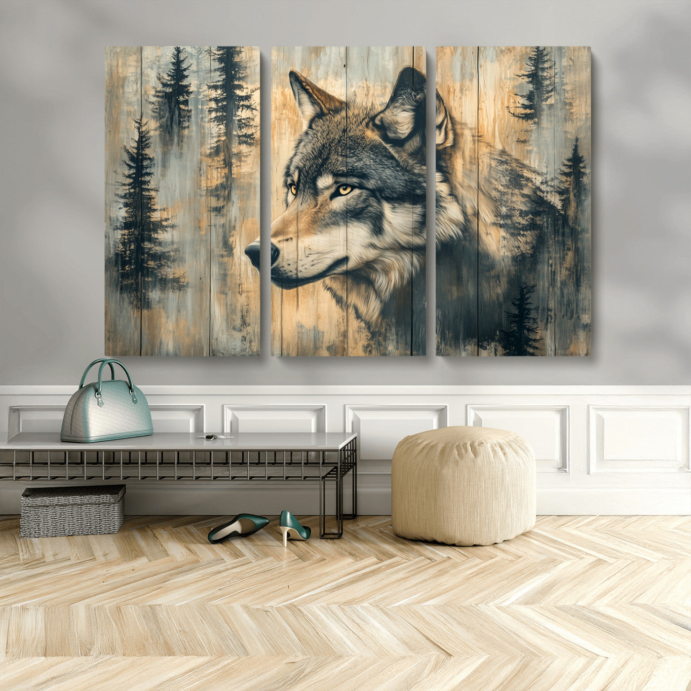Wood Style Rustic Wolf Wall Art Canvas Print, Vintage