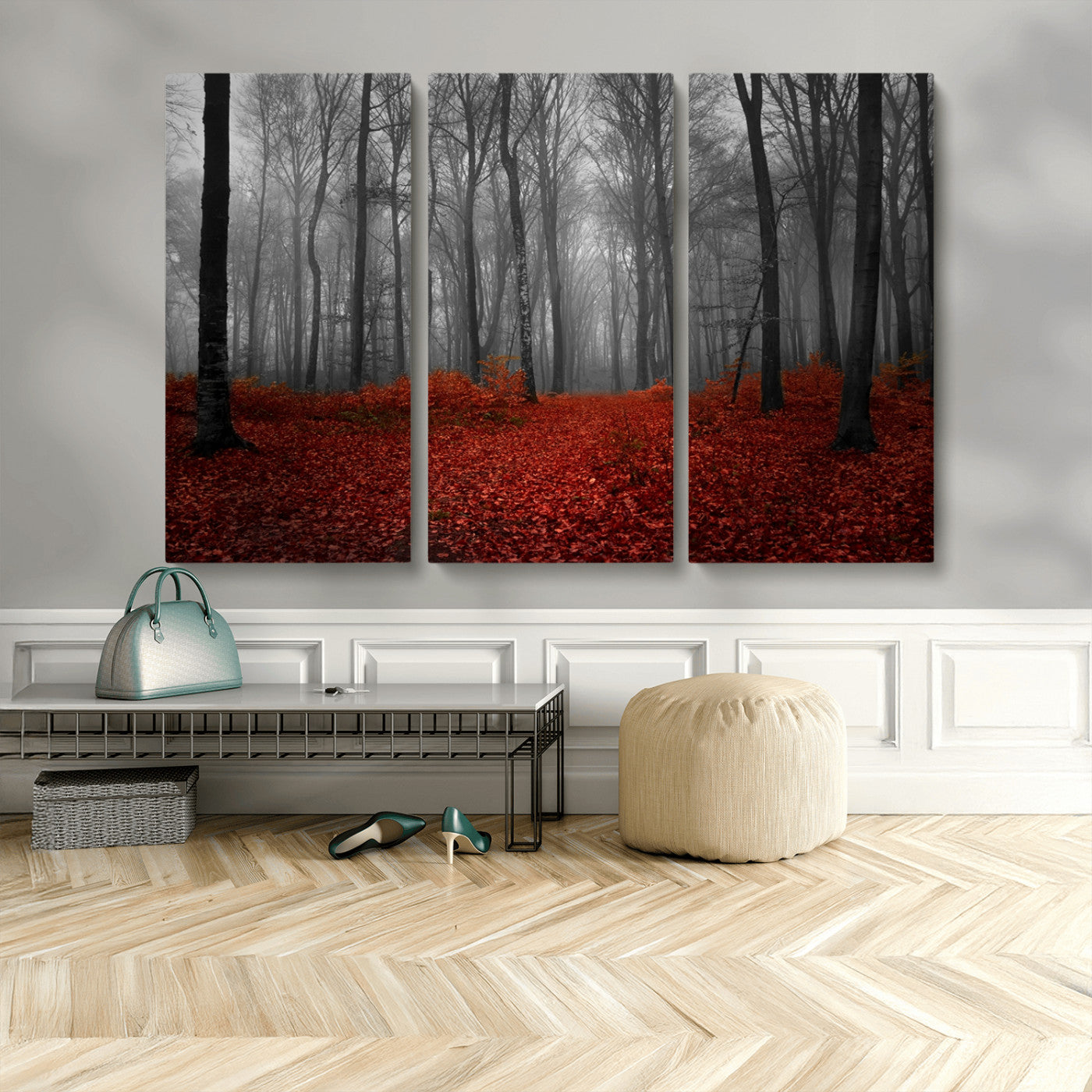 Red Forest Floor Canvas Wall Art – Mystical Foggy Woodland