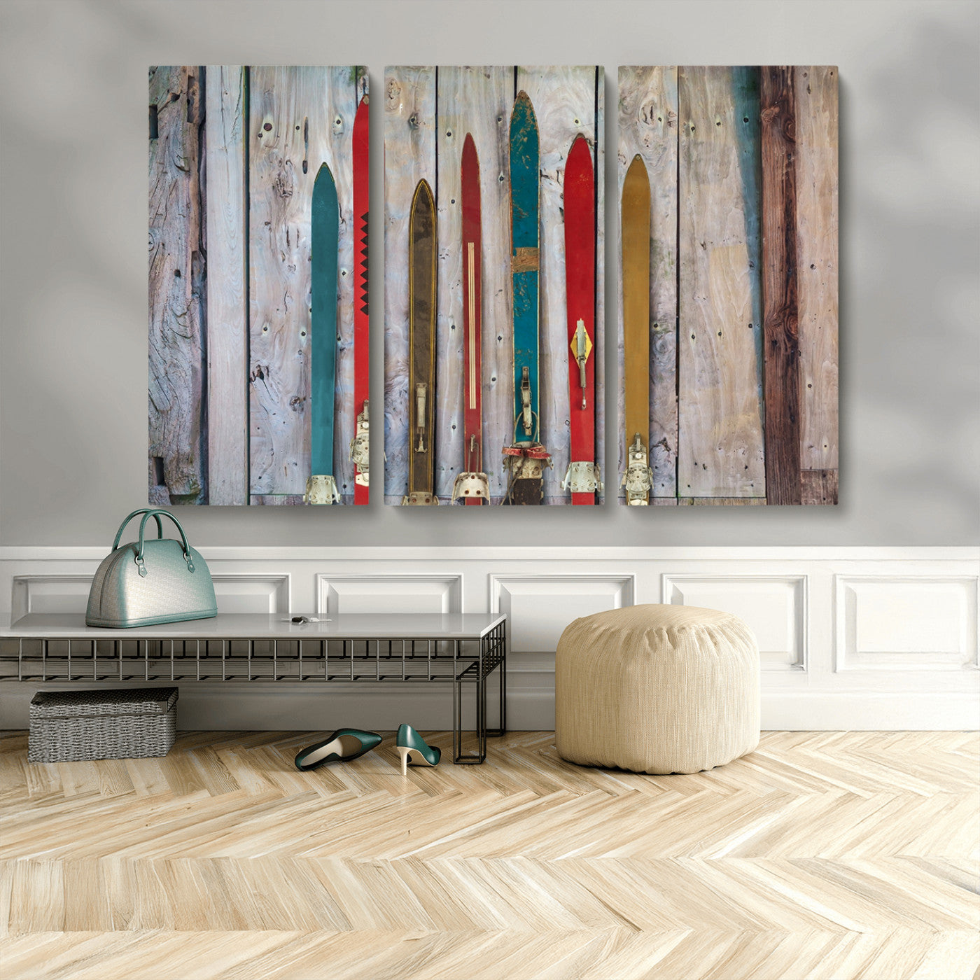 Vintage Wooden Weathered Ski's in Front of an Old Barn Wall