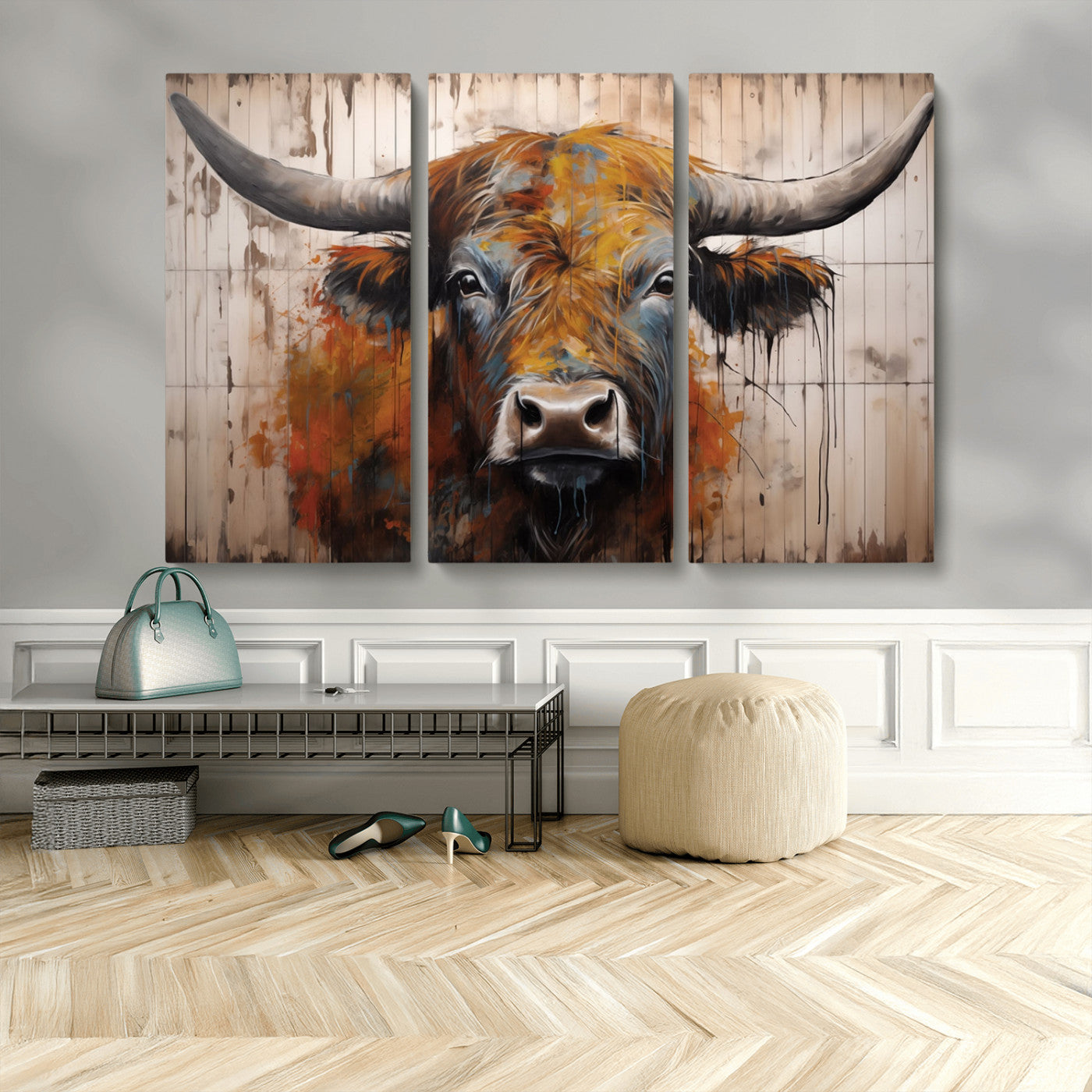Scottish Highland Cow Cattle Art Print on Wood Style