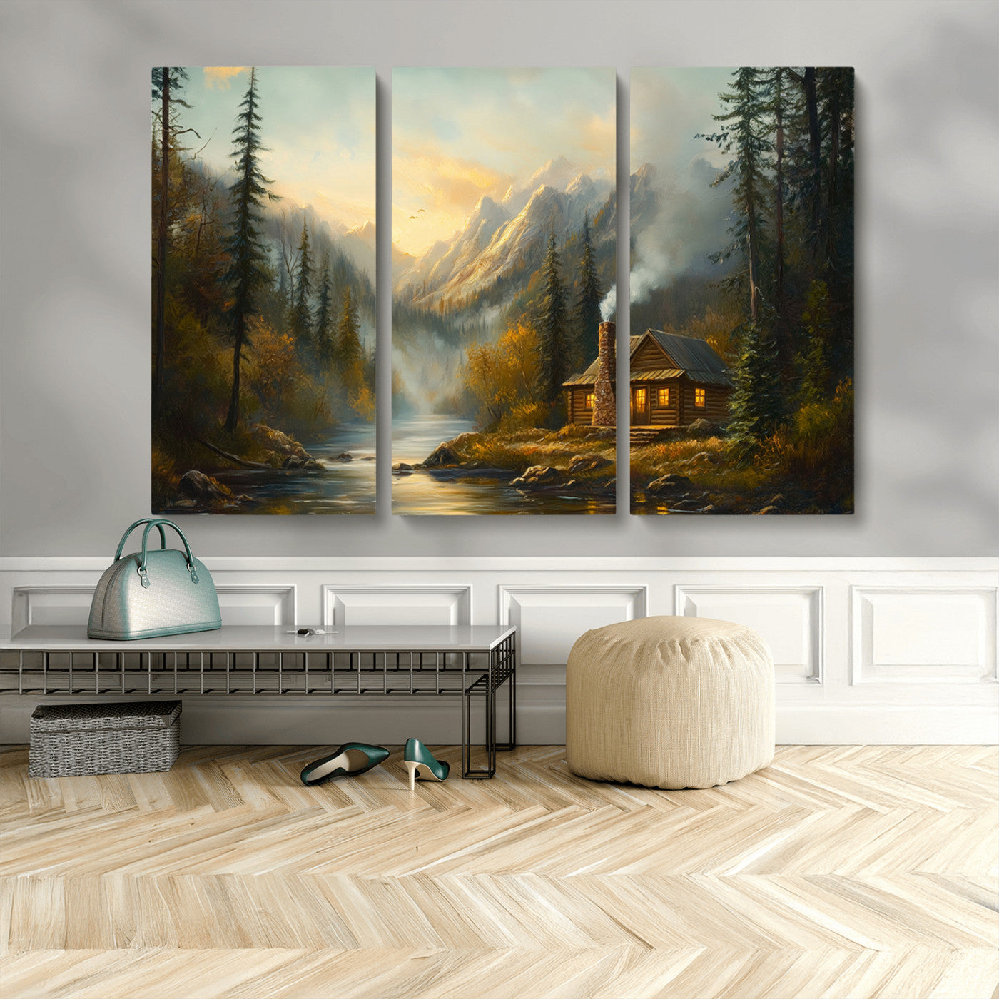 Wood Cabin Retreat Mountain at Sunset Wall Art Print -