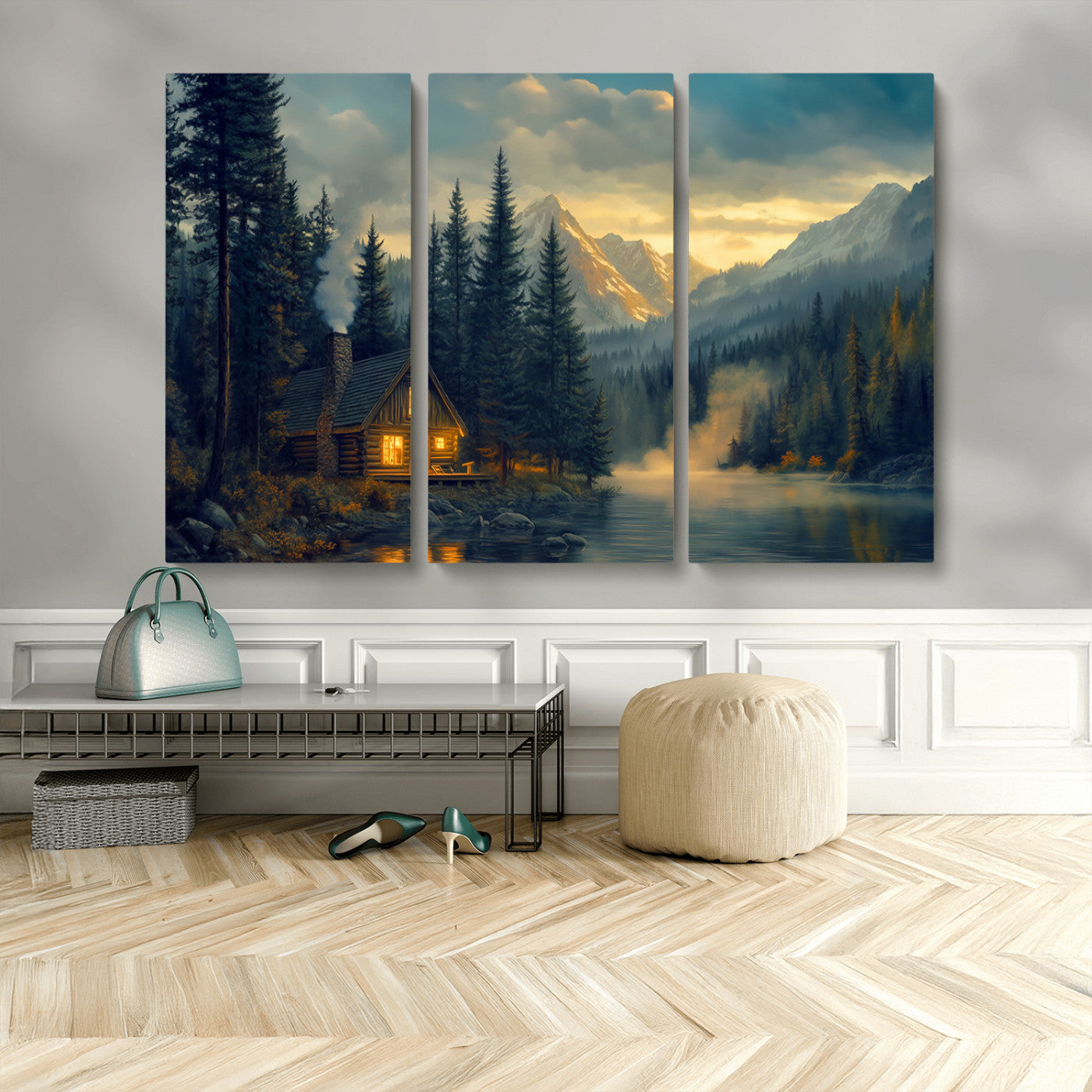 Mountain Cabin by the Lake at Sunset Wall Art - Serene