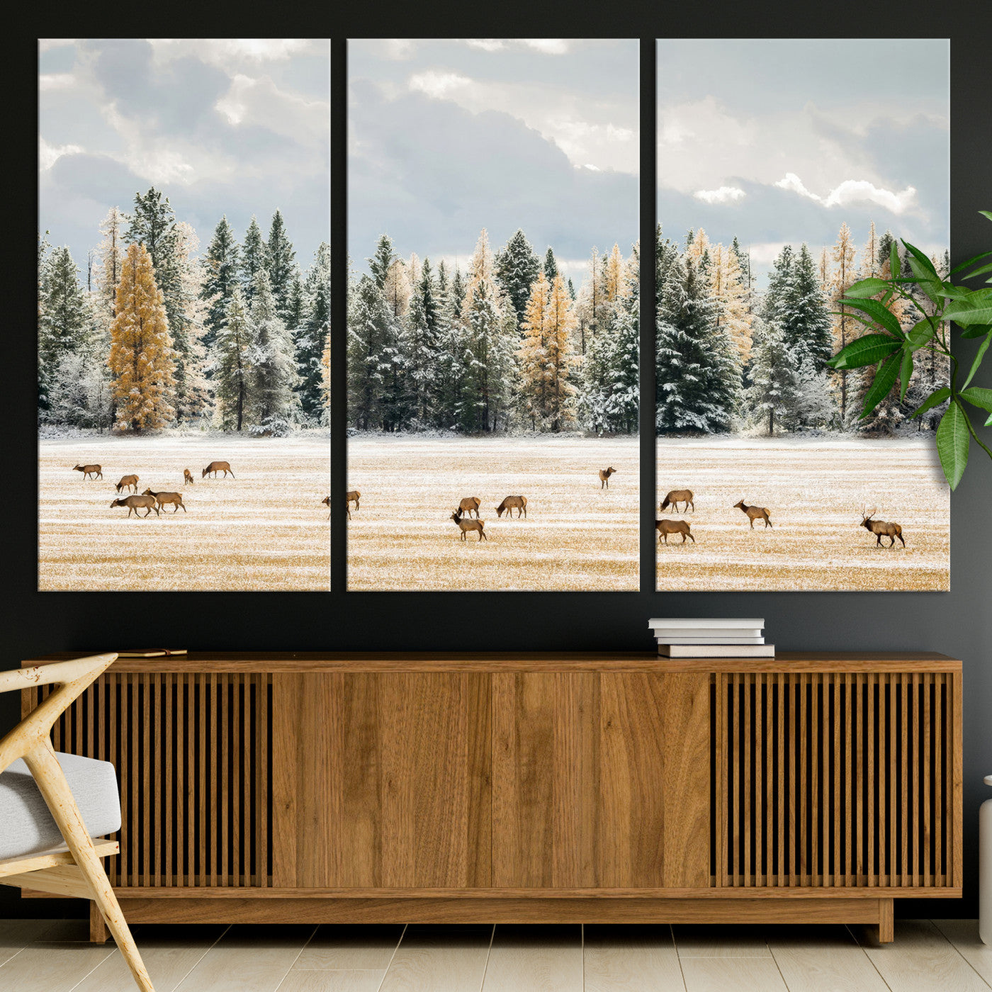 Elk Herd Wall Art – Framed Snowy Forest Canvas Artwork,