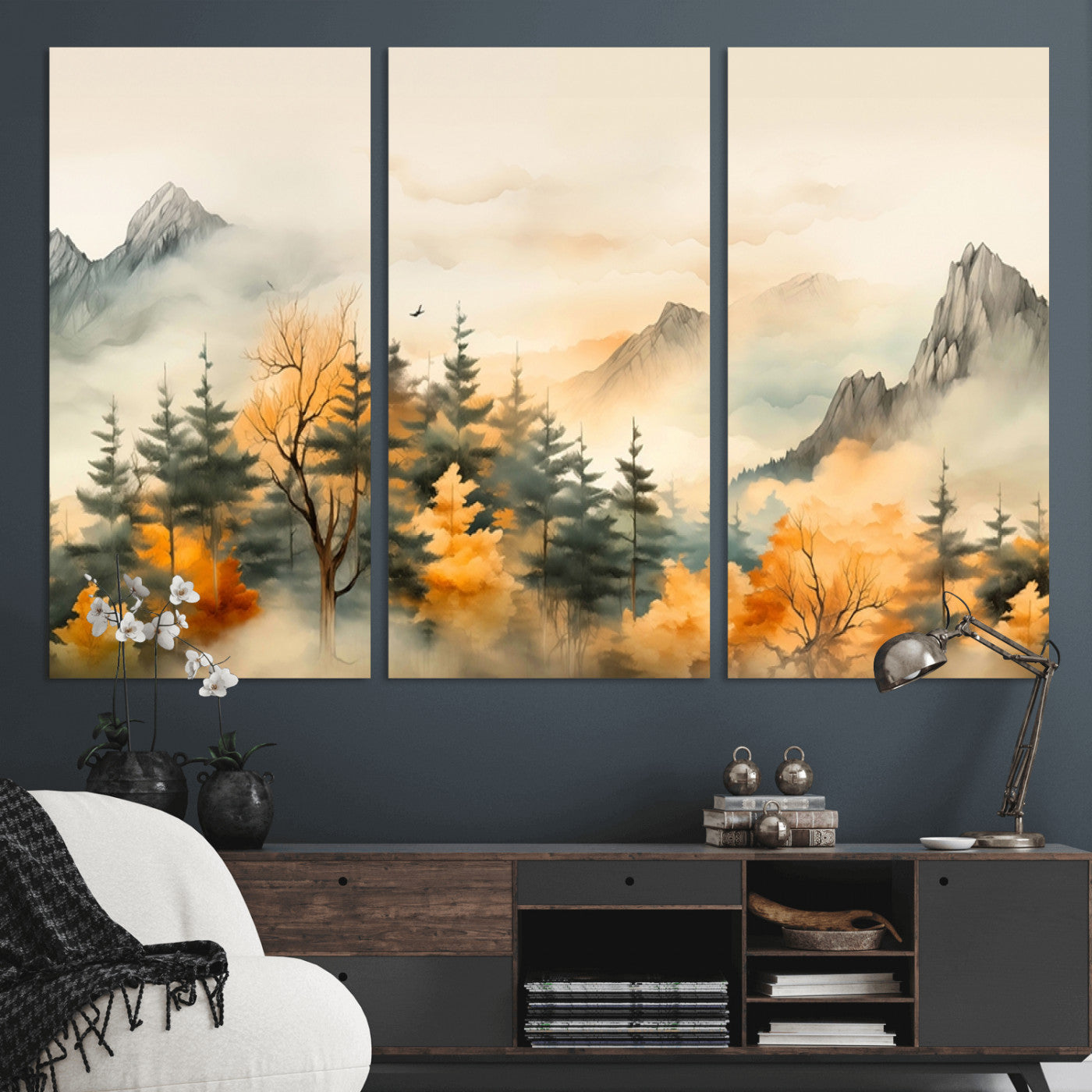 Abstract Watercolor Mountains and Trees Autumn Art,
