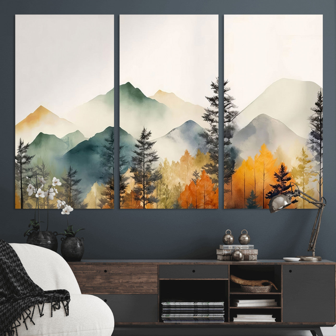Abstract Watercolor Mountains and Trees Autumn Wall Art,