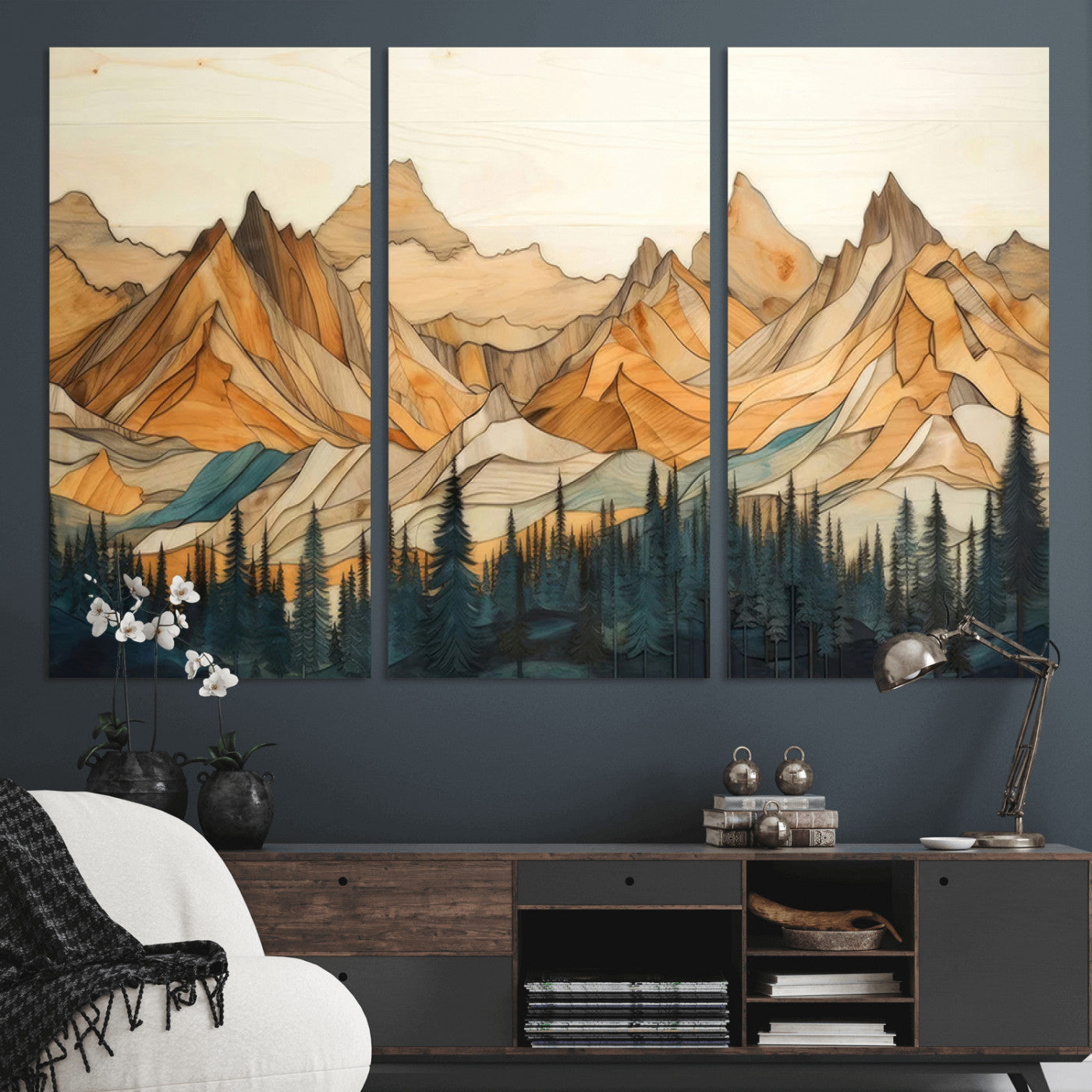 Rustic Wood Mountain Wall Art Print | Triptych Giclee Print