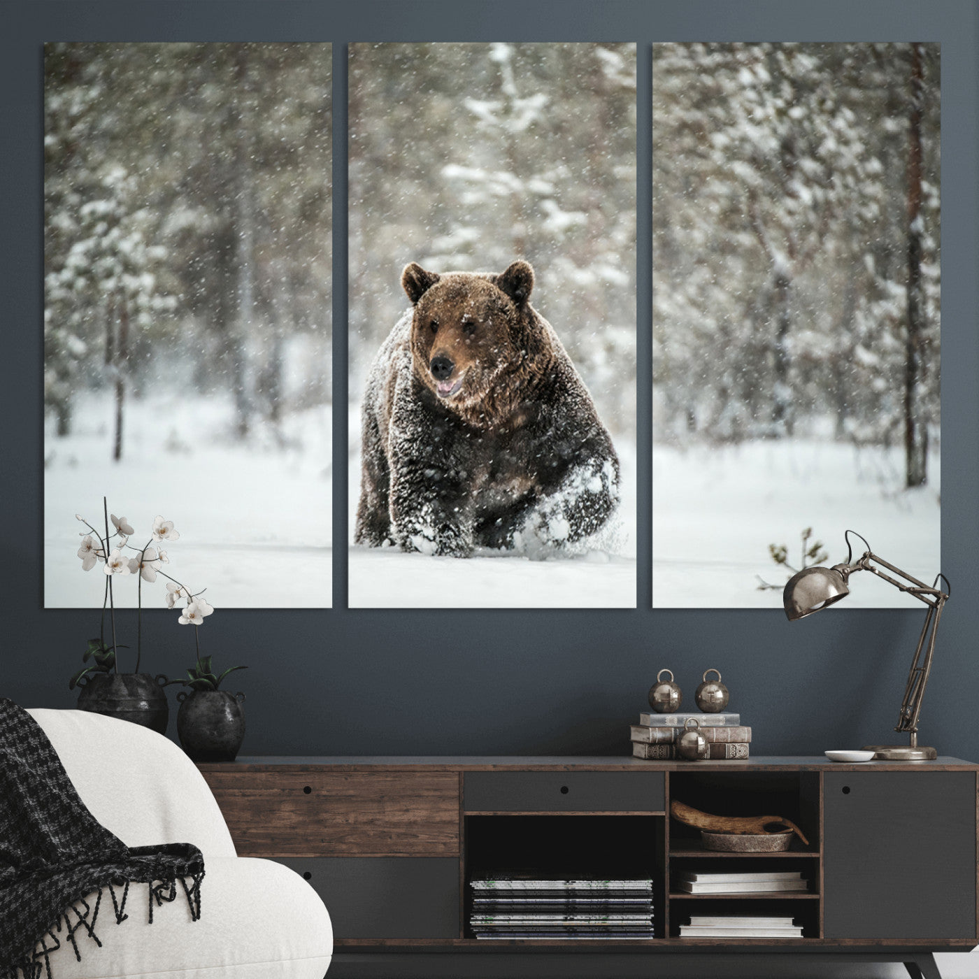 Grizzly Bear Wall Art – Framed Snowy Forest Canvas Artwork,