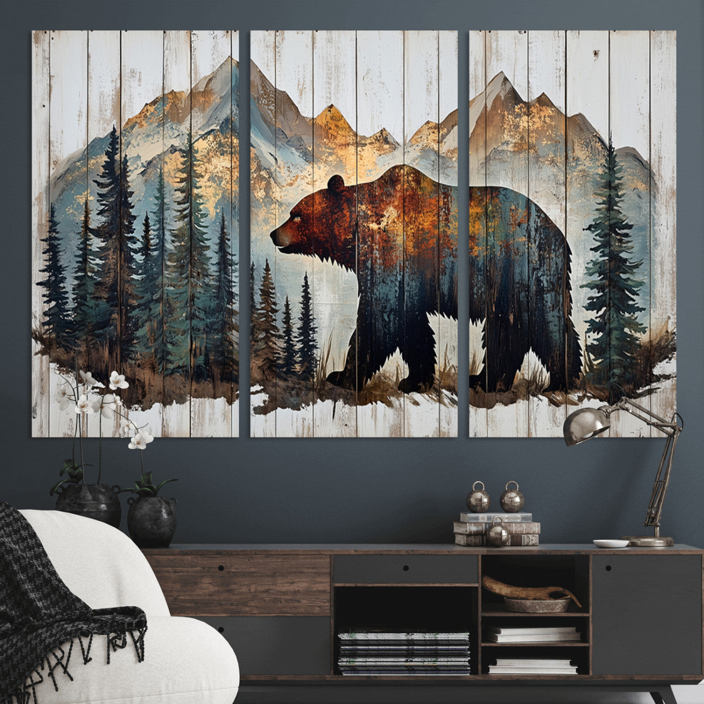 Rustic Grizzly 399 Bear and Mountain Wood Canvas Wall Art -