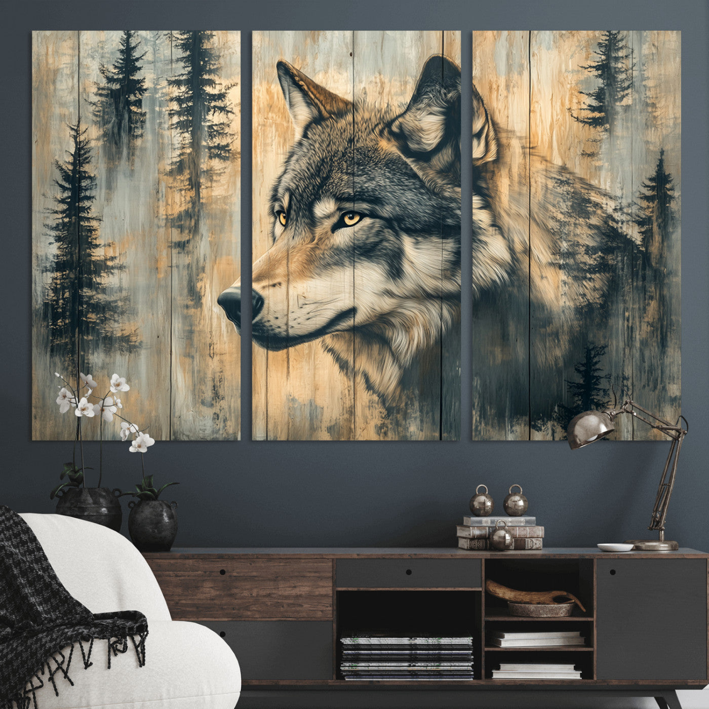Wood Style Rustic Wolf Wall Art Canvas Print, Vintage