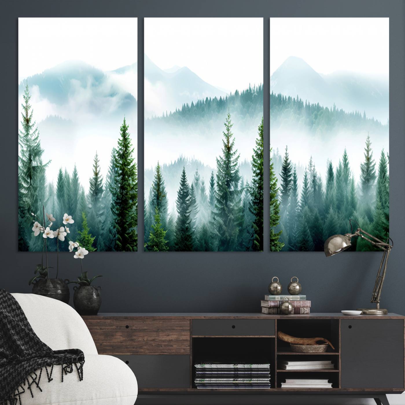 Pine Forest Wall Art Canvas Print – Misty Mountains Foggy