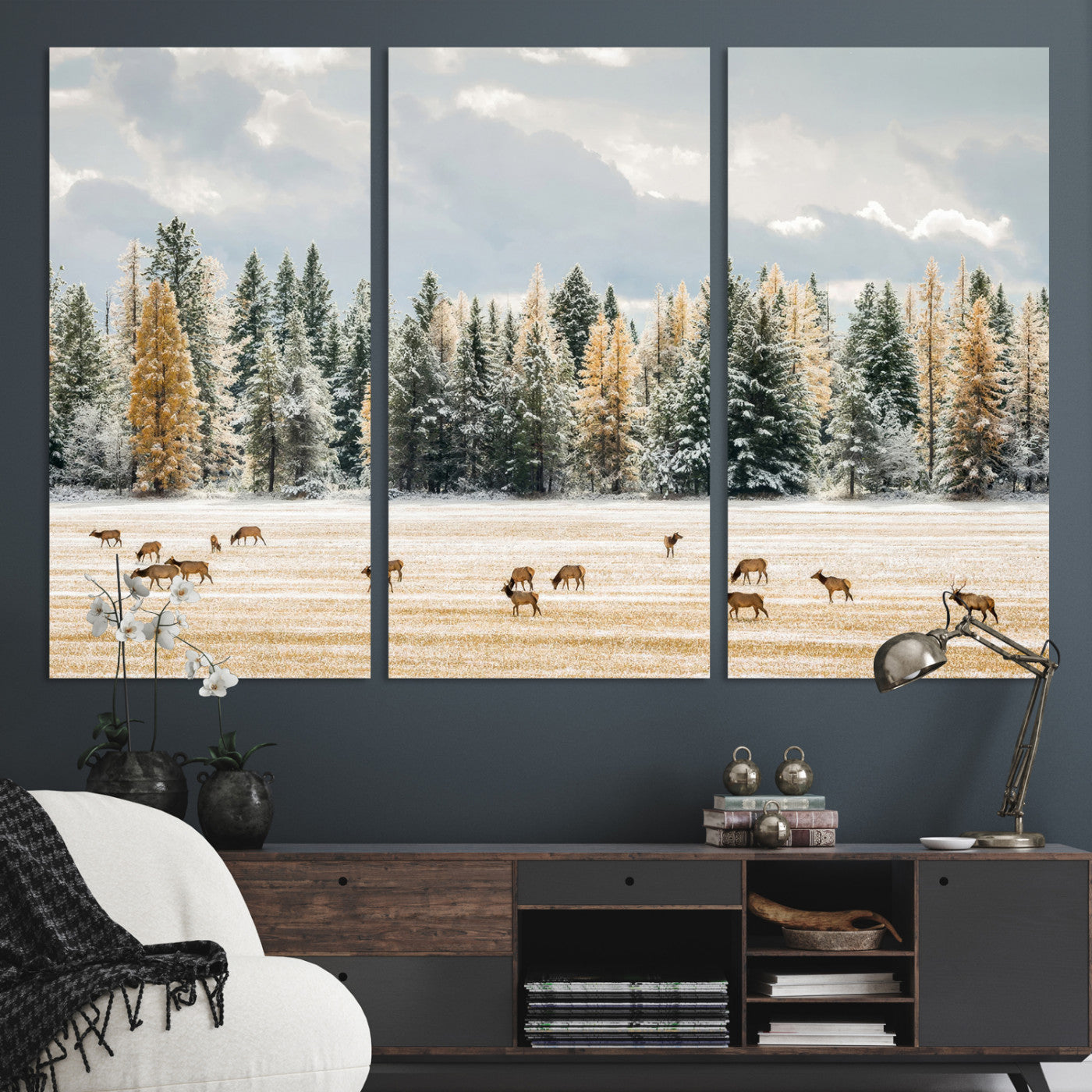 Elk Herd Wall Art – Framed Snowy Forest Canvas Artwork,