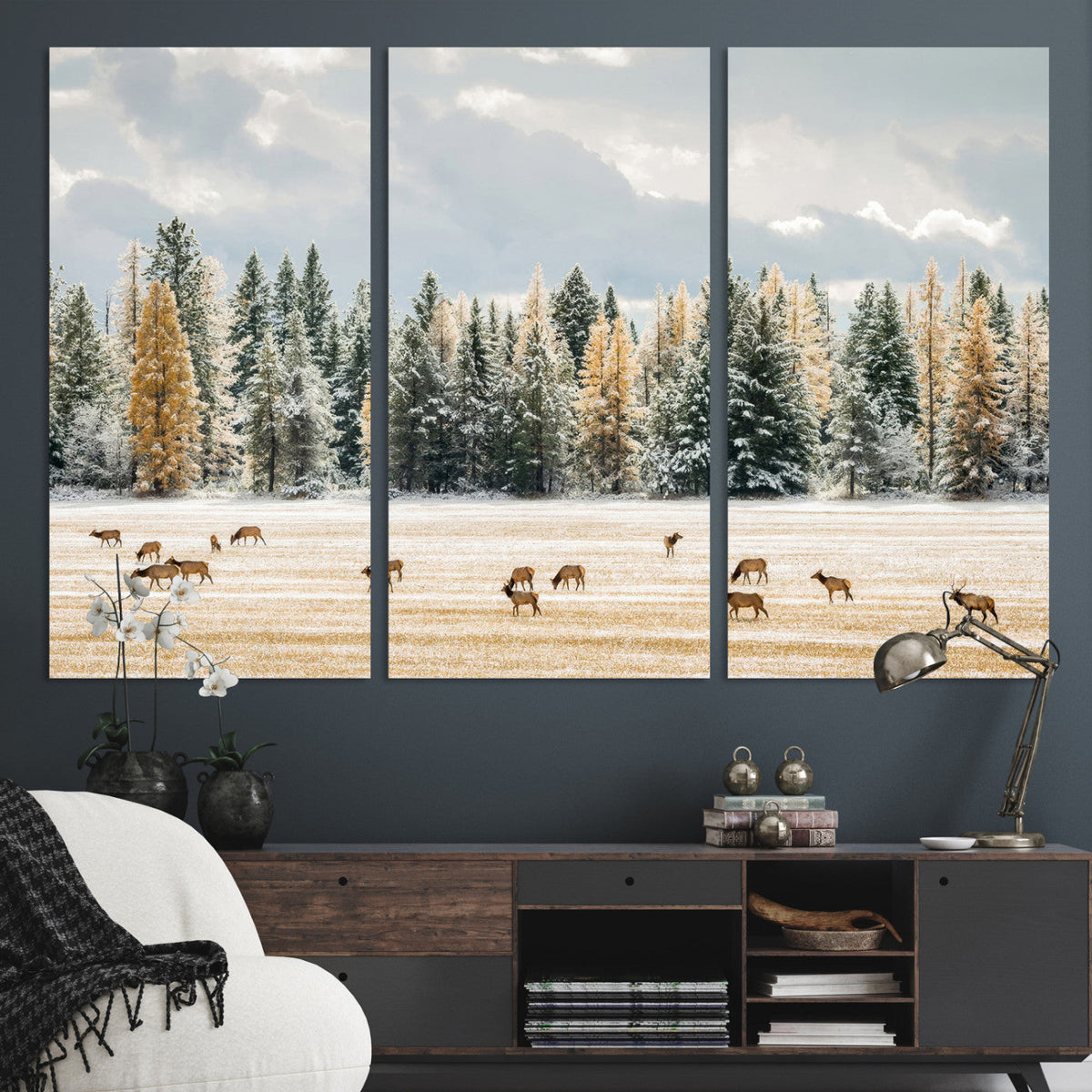 Elk Herd Wall Art – Framed Snowy Forest Canvas Artwork,