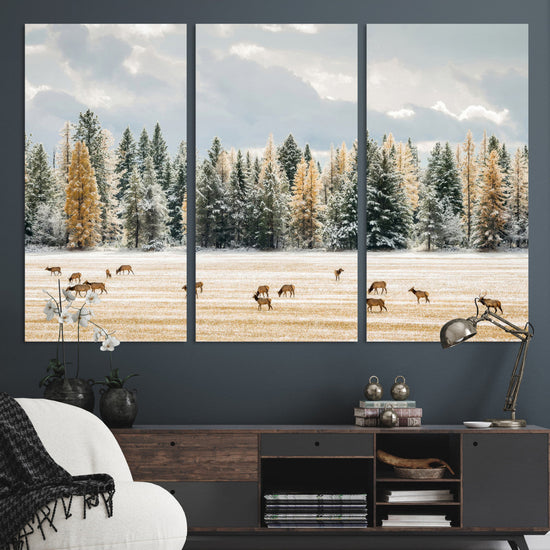 Elk Herd Wall Art – Framed Snowy Forest Canvas Artwork,