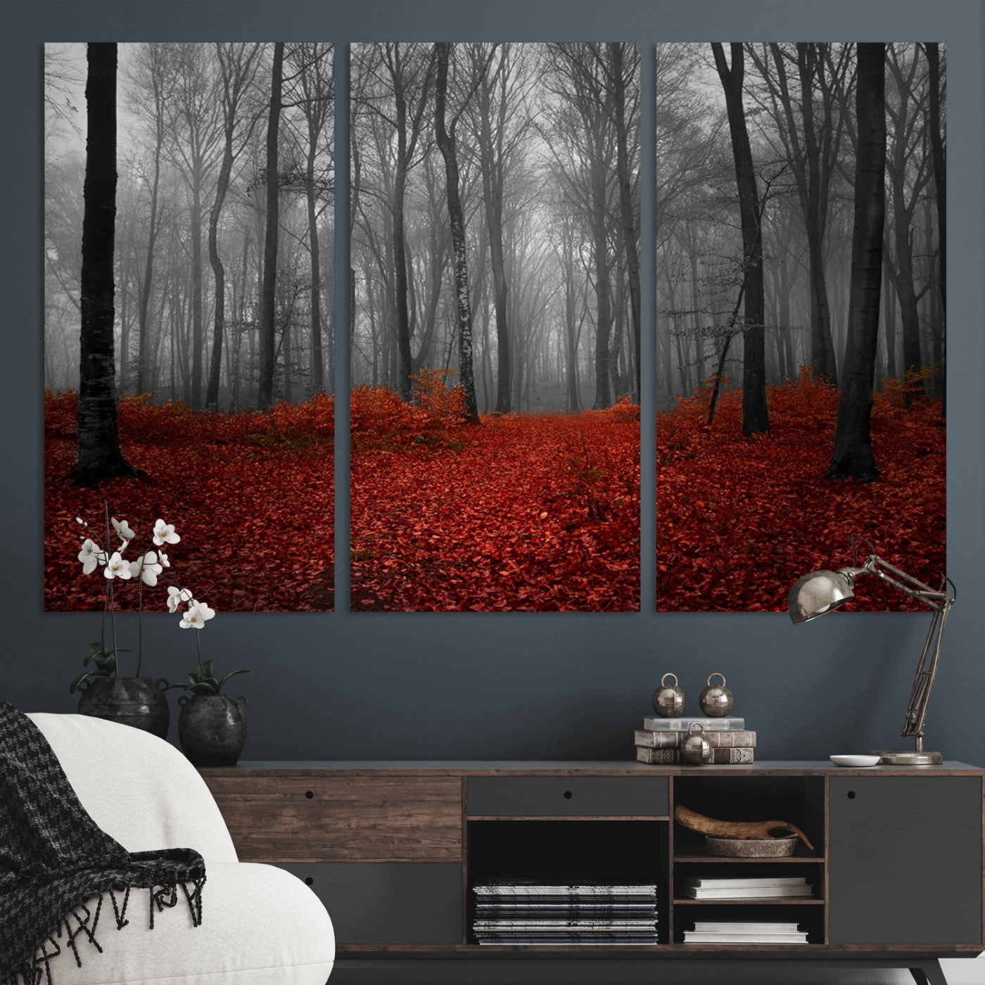 Red Forest Floor Canvas Wall Art – Mystical Foggy Woodland