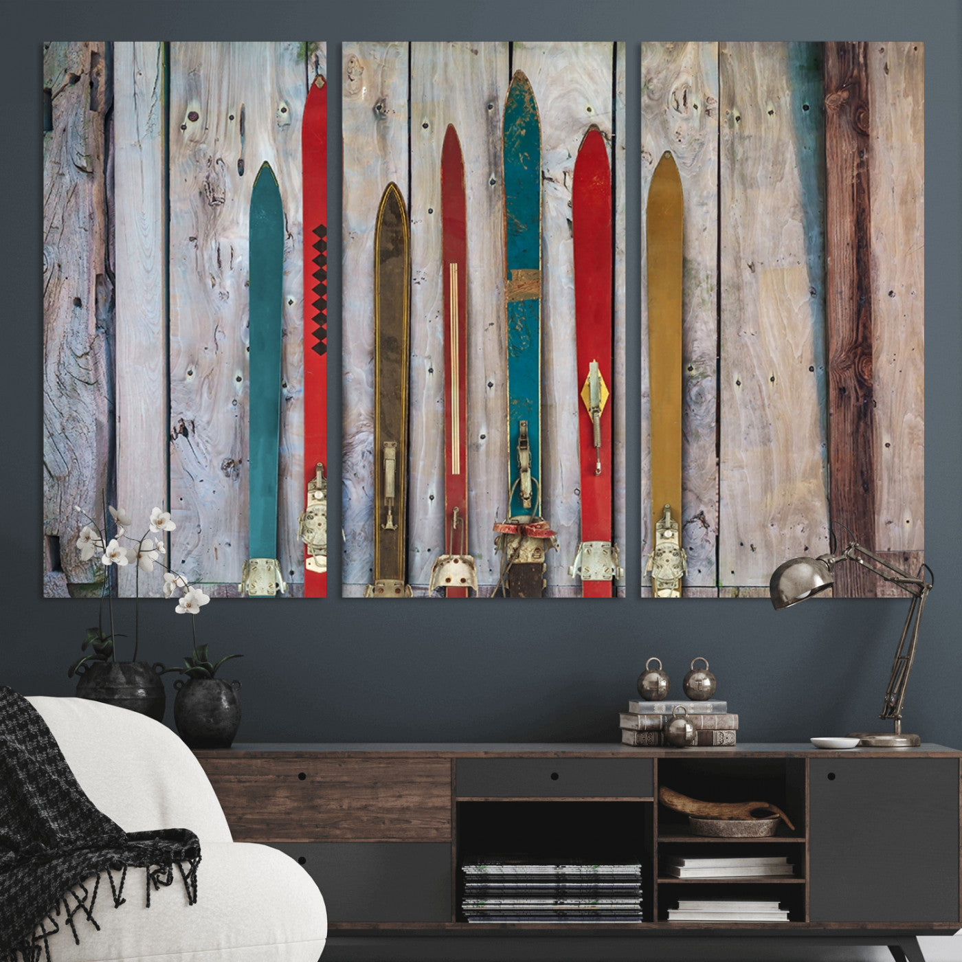 Vintage Wooden Weathered Ski's in Front of an Old Barn Wall
