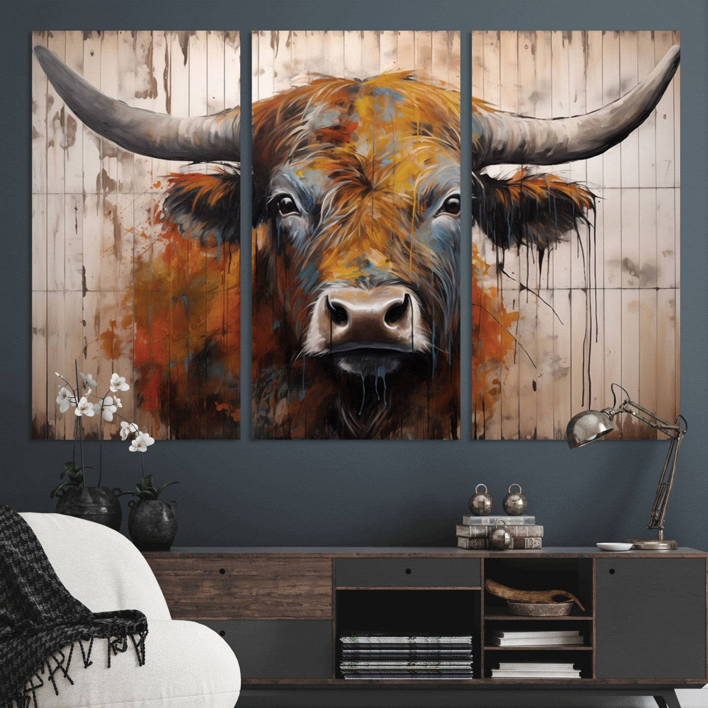 Scottish Highland Cow Cattle Art Print on Wood Style