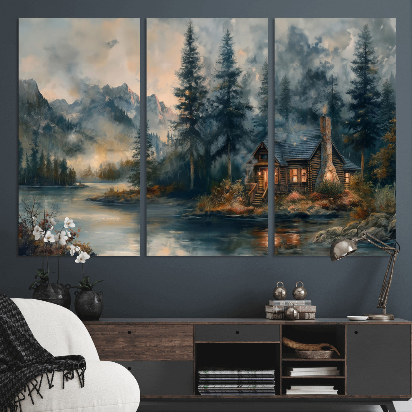 Rustic Cabin Woods Wall Art Print | Lake in a Forest Canvas