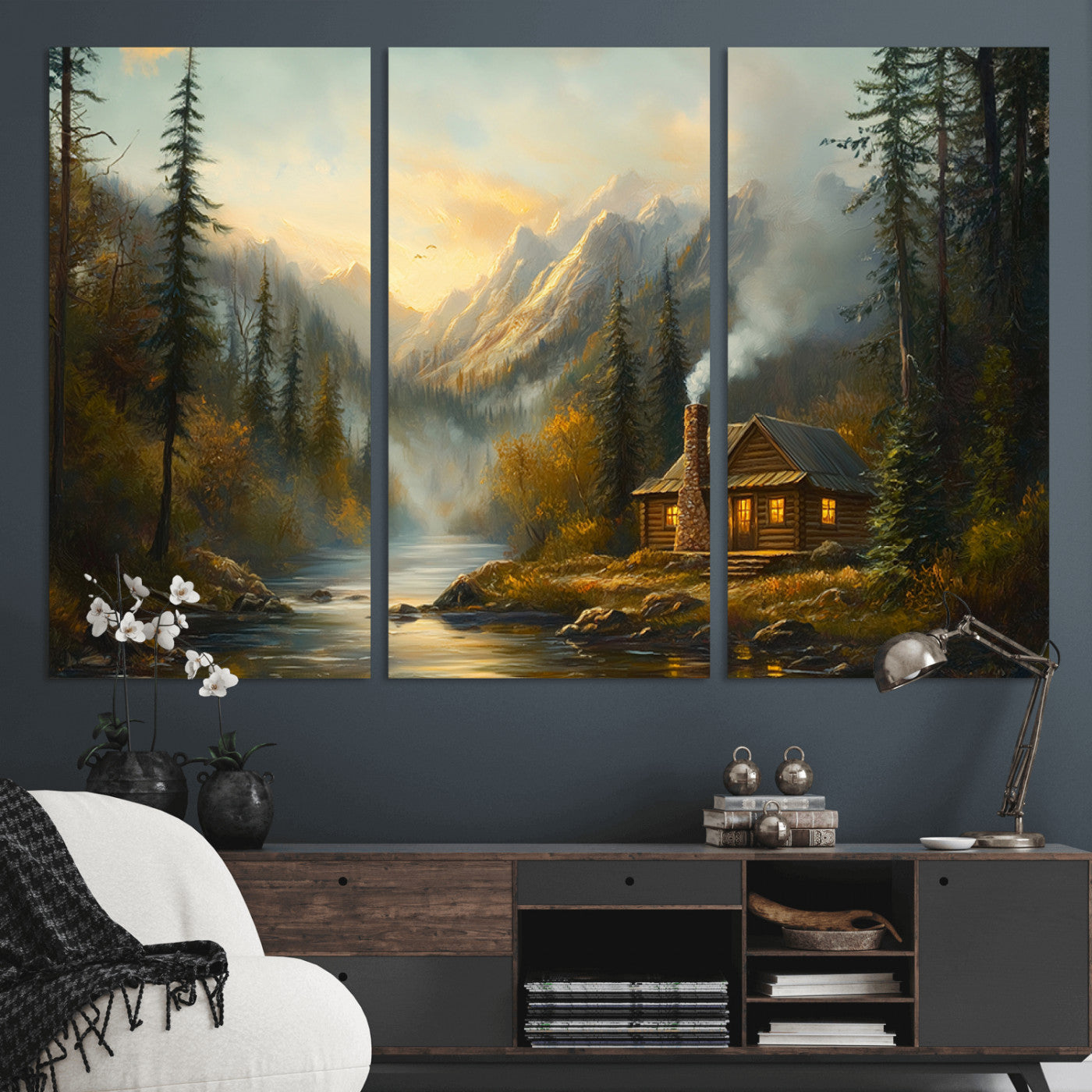 Wood Cabin Retreat Mountain at Sunset Wall Art Print -