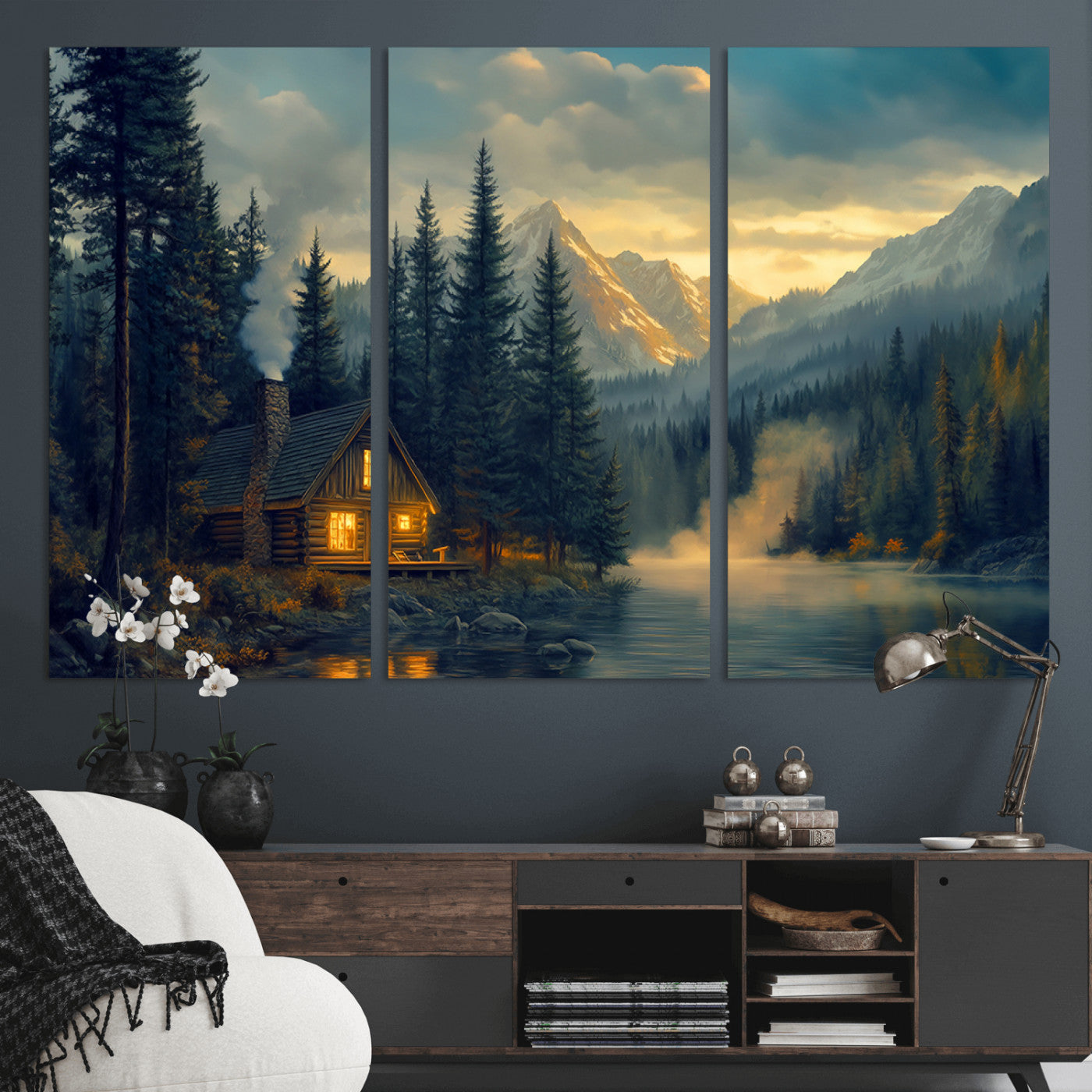 Mountain Cabin by the Lake at Sunset Wall Art - Serene