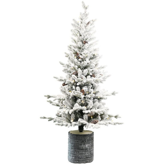 4.5FT Flocked Christmas Tree with Pot Base and LED Lights