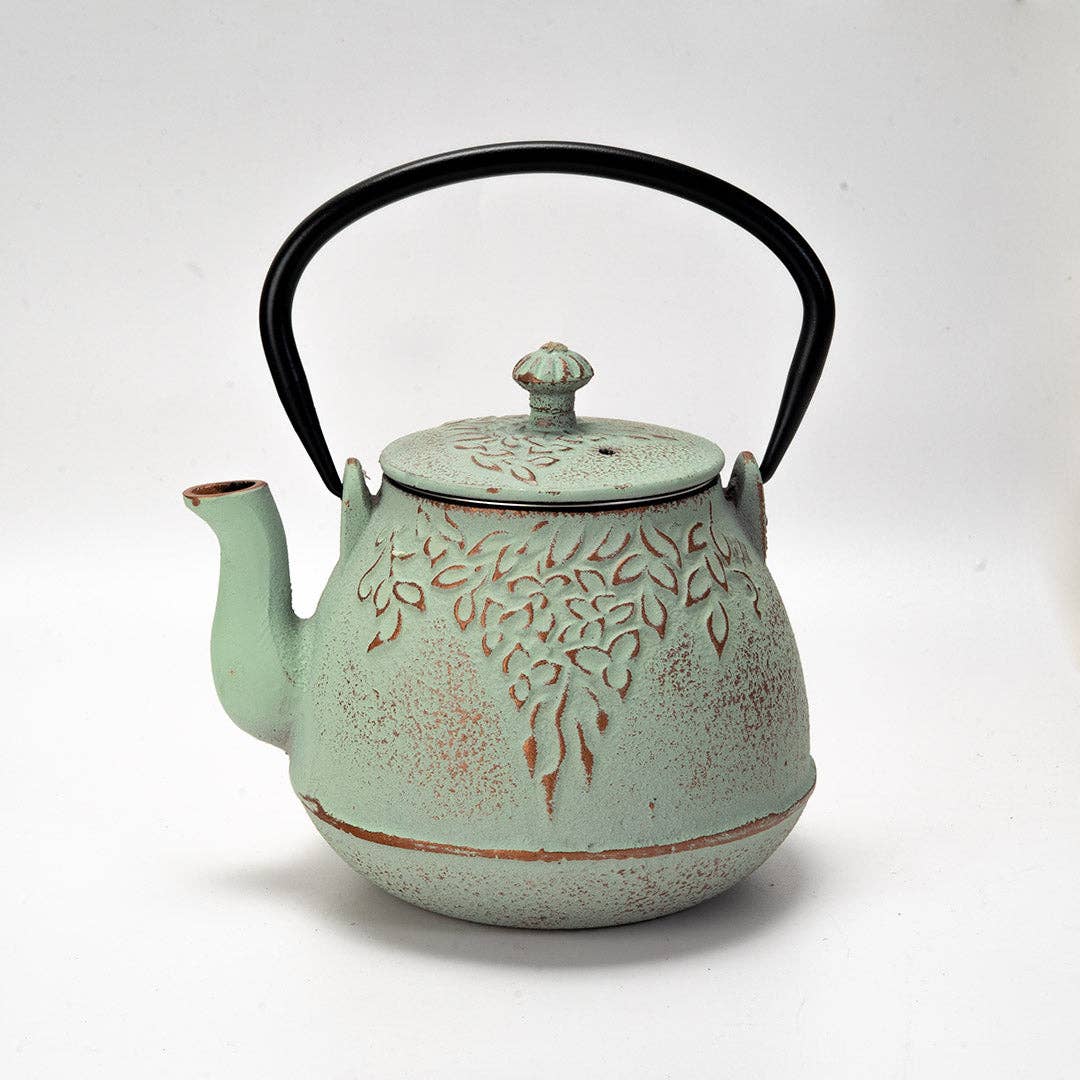 Mint Green Leaves Design 32oz Cast Iron Tea Pot (1/8)