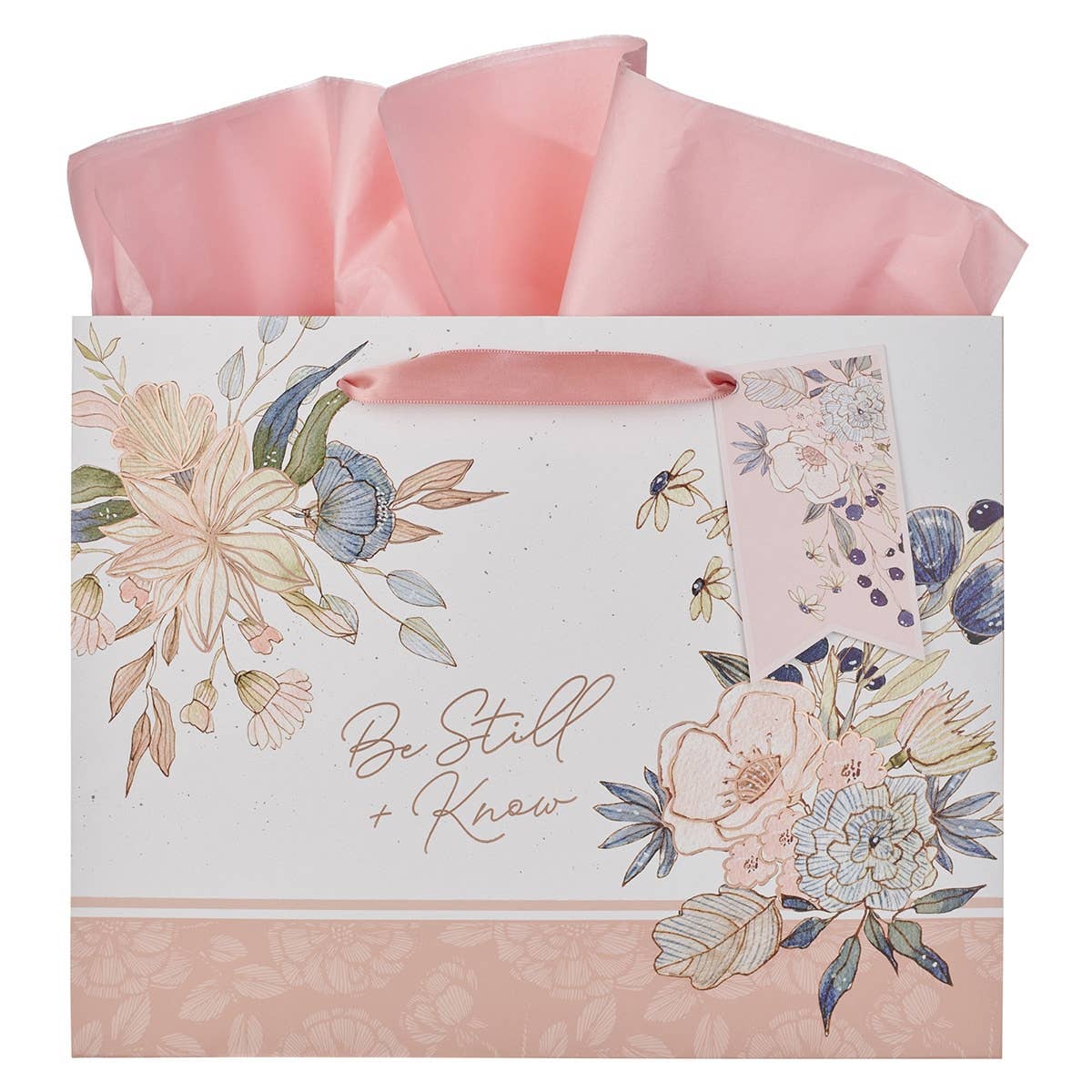 Gift Bag LG Landscape Pink/Blue Floral Be Still Ps. 46:10