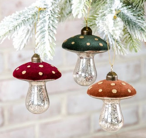 Set of 3 Velvet Top Mushroom Ornaments