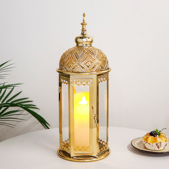 Moroccan Candle Lantern 37cm High Gold Candle Holder with Tempered Glass （40pcs）