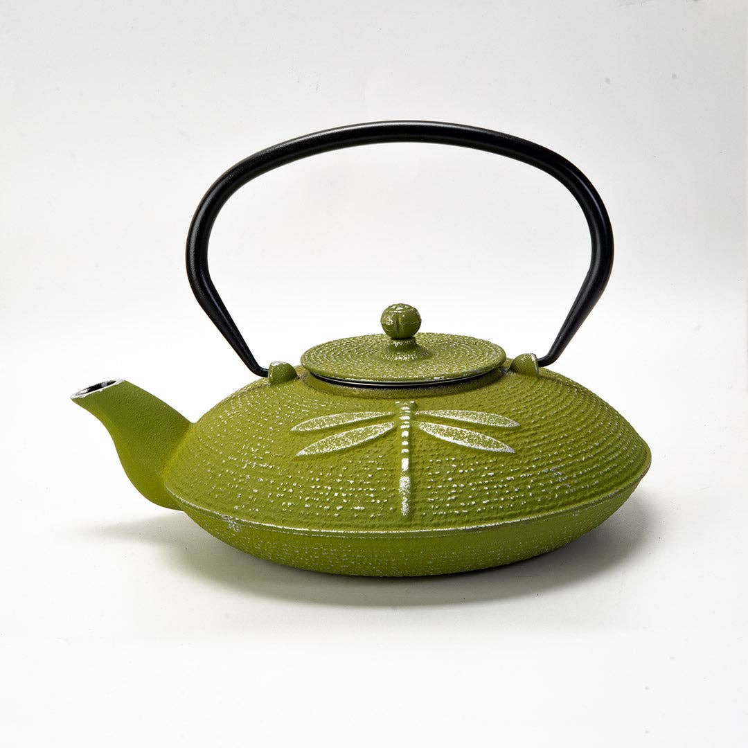 Green Dragonfly Design 37oz Cast Iron Tea Pot