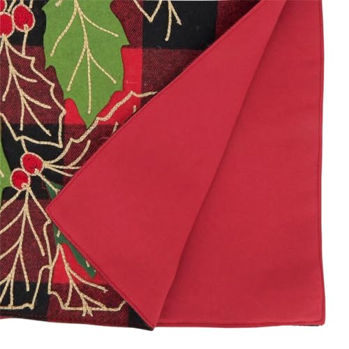 Buffalo Plaid Holly Leaves Red Table Runner 16" W x 70" L — dining room accent for seasonal table styling online gift shop find