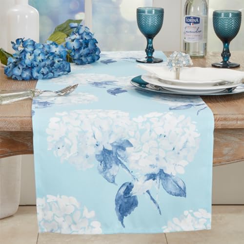 Aqua Hydrangea Printed Table Runner 16" W x 54" L - Floral Design Table Cover for Home Décor, Dining Table, Banquet, Everyday Use, Family Gatherings