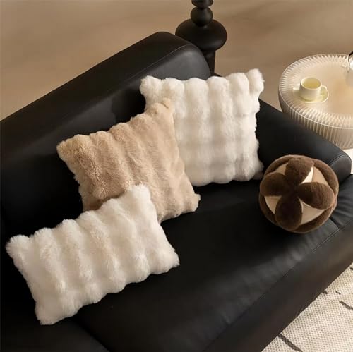 Luxury Faux Fur Decorative Filled Throw Pillow 18" W x 18" L – Ivory Plush Fluffy Cushion for Couch, Bedroom, Living Room and Office Décor
