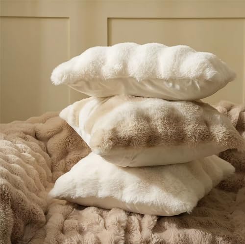 Luxury Faux Fur Decorative Filled Throw Pillow 18" W x 18" L – Ivory Plush Fluffy Cushion for Couch, Bedroom, Living Room and Office Décor