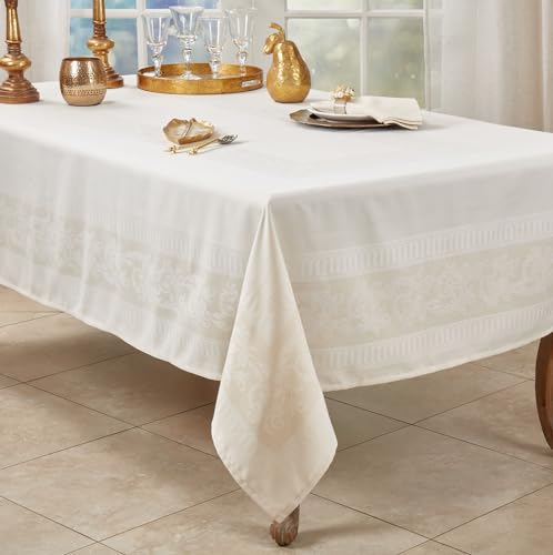 Ecru Jacquard Floral Tablecloth 65" W x 90" L Rectangle Flower Table Cover