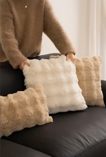 Luxury Faux Fur Decorative Filled Throw Pillow 18" W x 18" L – Ivory Plush Fluffy Cushion for Couch, Bedroom, Living Room and Office Décor